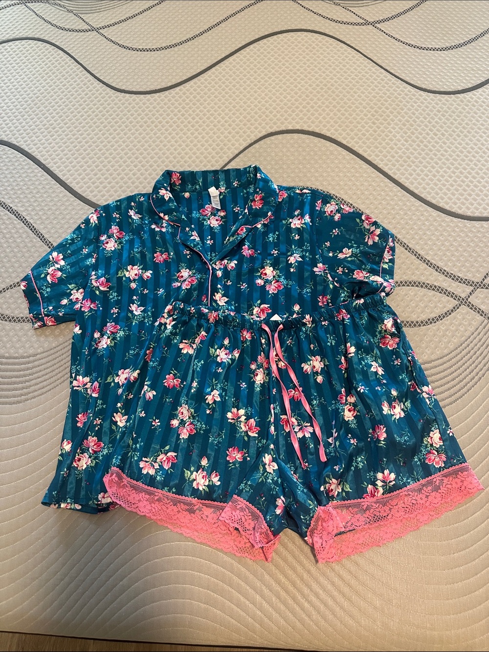 Flora Nikrooz Teal Floral Short Pajama Set with Pink Trim